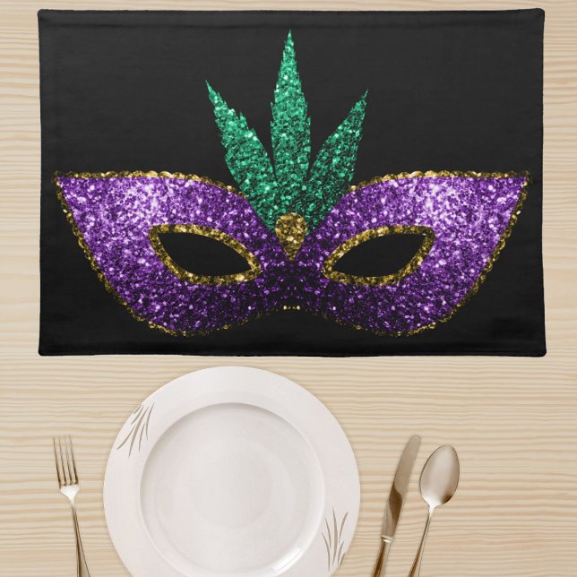 Mardi Gras Mask Purple Green Gold Sparkles black Cloth Placemat (Creator Uploaded)