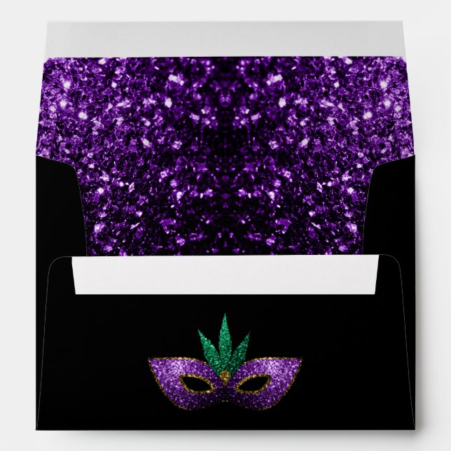 Mardi Gras Mask Purple Green Gold Sparkles black Envelope (Back (Bottom))