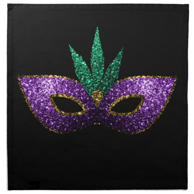 Mardi Gras Mask Purple Green Gold Sparkles black Napkin (Front)