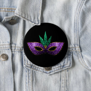Mardi Gras Mask Purple Green Gold Sparkles black Pinback Button