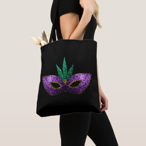 Mardi Gras Mask Purple Green Gold Sparkles  Black Tote Bag