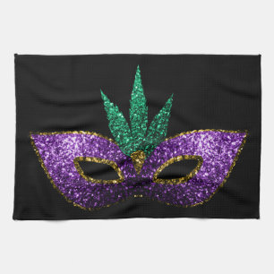 Mardi Gras Mask Purple Green Gold Sparkles black Towel