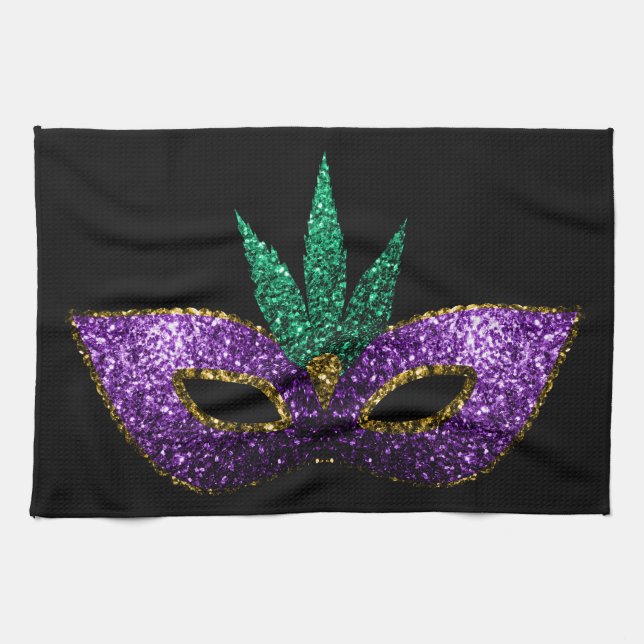 Mardi Gras Mask Purple Green Gold Sparkles black Towel (Horizontal)