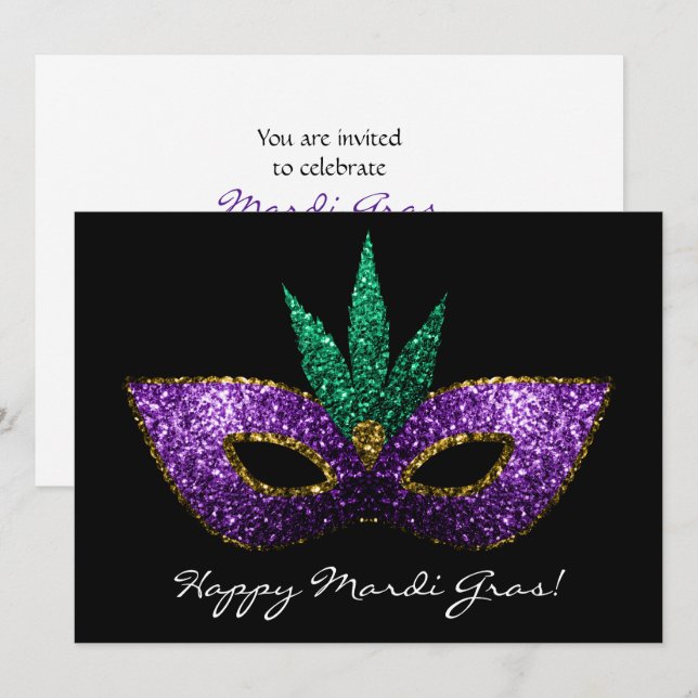 Mardi Gras Mask Purple Green Gold Sparkles Invite (Front/Back)
