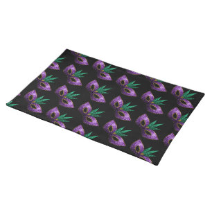 Mardi Gras Mask Purple Green Gold Sparkles pattern Cloth Placemat
