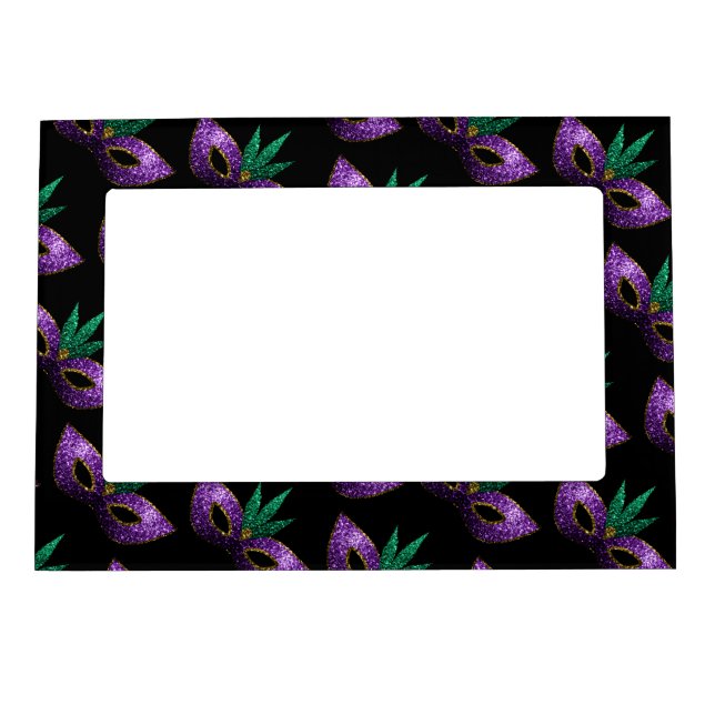 Mardi Gras Mask Purple Green Gold Sparkles pattern Magnetic Frame (Front)