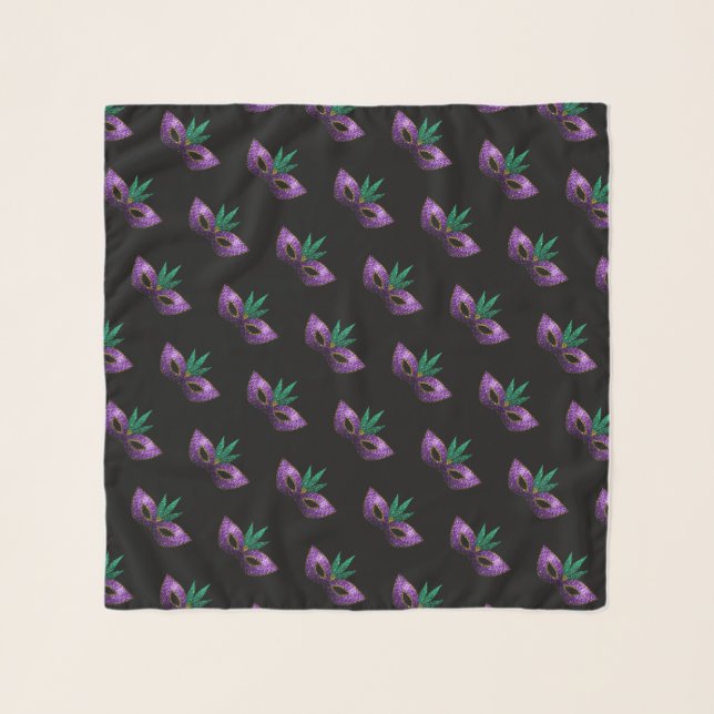 Mardi Gras Mask Purple Green Gold Sparkles pattern Scarf (Front (Horizontal))