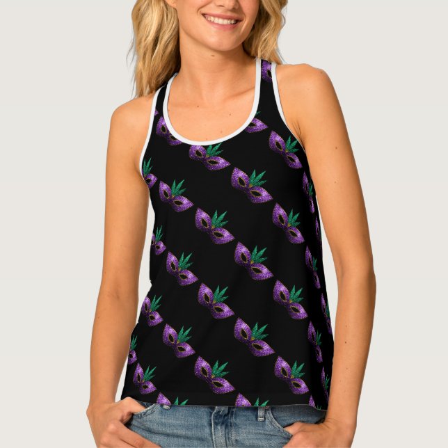 Mardi Gras Mask Purple Green Gold Sparkles pattern Tank Top (Front)
