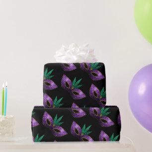 Mardi Gras Mask Purple Green Gold Sparkles pattern Wrapping Paper