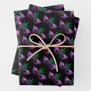 Mardi Gras Mask Purple Green Gold Sparkles pattern Wrapping Paper Sheets