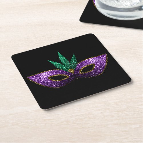 Mardi Gras Mask Purple Green Gold Sparkles Square Paper Coaster