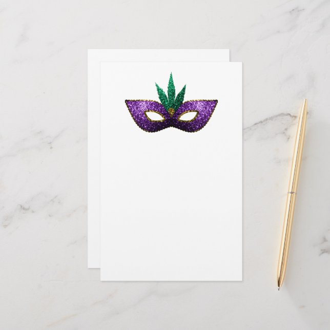 Mardi Gras Mask Purple Green Gold Sparkles Stationery (Front/Back In Situ)