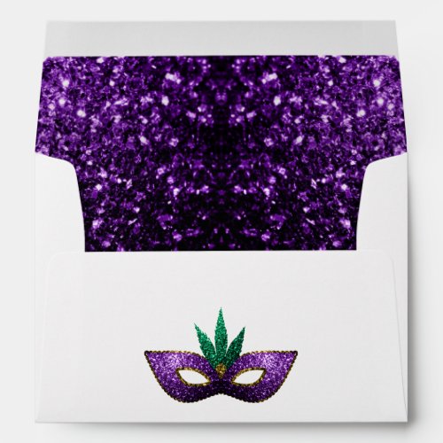Mardi Gras Mask Purple Green Gold Sparkles white Envelope