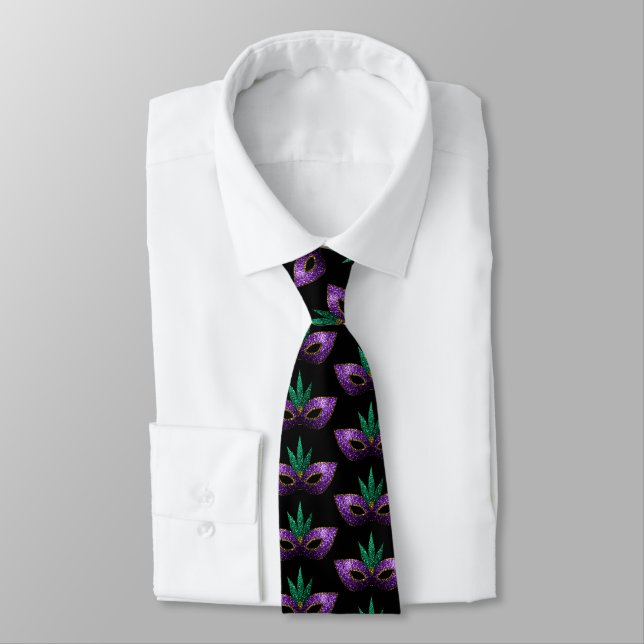Mardi Gras Mask Purple Green Sparkle black pattern Neck Tie (Tied)