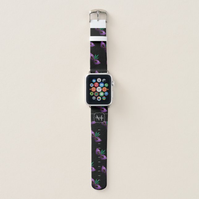 Mardi Gras Mask Purple Green Sparkles Monogram Apple Watch Band (Front)