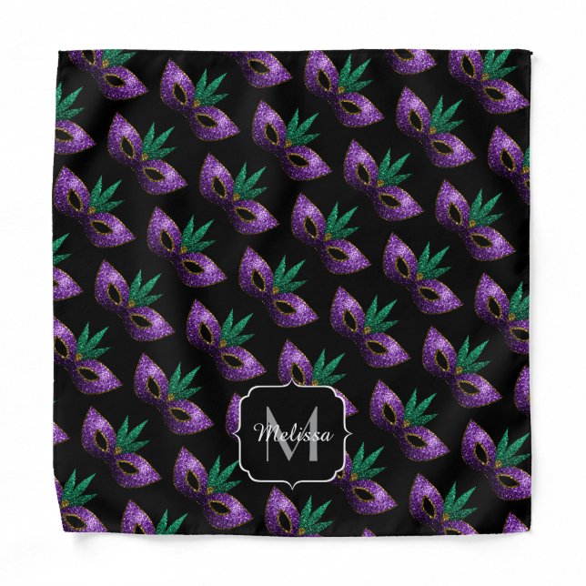 Mardi Gras Mask Purple Green Sparkles Monogram Bandana (Front)