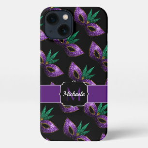 Mardi Gras Mask Purple Green Sparkles Monogram iPhone 13 Case