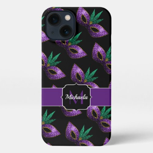 Mardi Gras Mask Purple Green Sparkles Monogram iPhone 13 Case