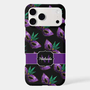 Mardi Gras Mask Purple Green Sparkles Monogram iPhone 17 Pro Max Case