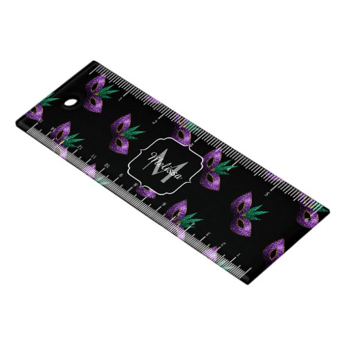 Mardi Gras Mask Purple Green Sparkles Monogram Ruler