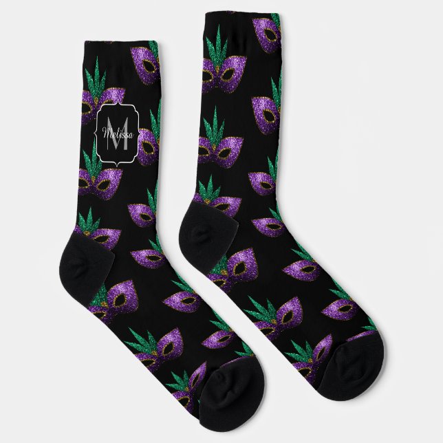 Mardi Gras Mask Purple Green Sparkles Monogram Socks (Right)