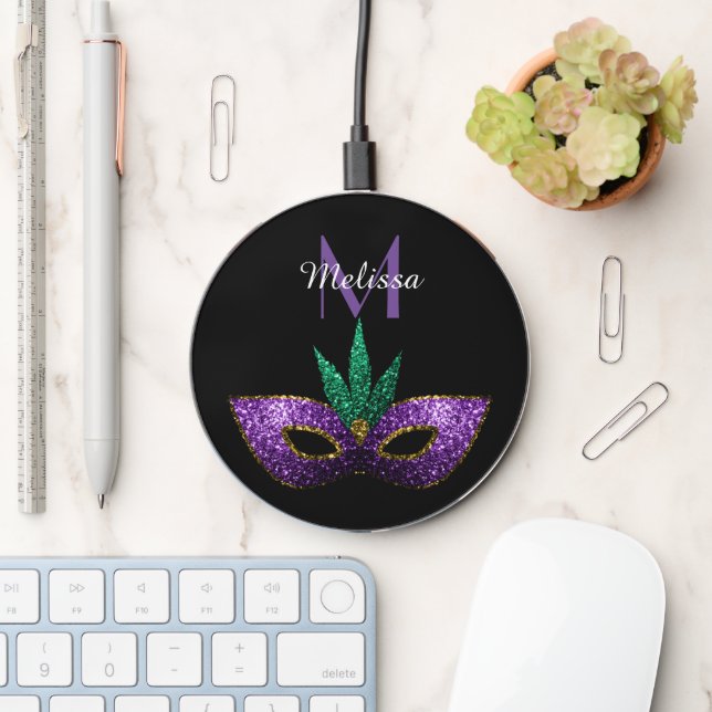 Mardi Gras Mask Purple Green Sparkles Monogram Wireless Charger (Desk)