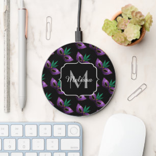 Mardi Gras Mask Purple Green  Sparkles Monogram Wireless Charger