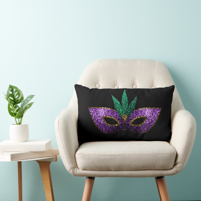 Mardi Gras Mask Purple Green Sparkles on black  Lumbar Pillow (Chair)