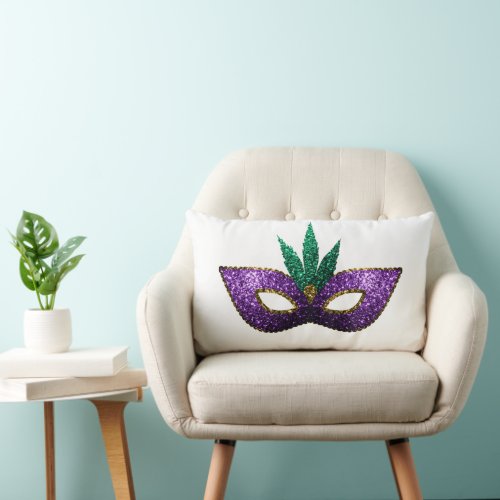 Mardi Gras Mask Purple Green Sparkles on white Lumbar Pillow