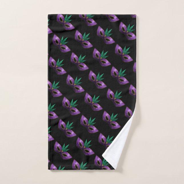 Mardi Gras Mask Purple Green Sparkles pattern Hand Towel (Hand Towel)