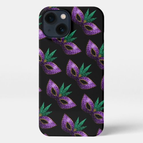 Mardi Gras Mask Purple Green Sparkles pattern iPhone 13 Case