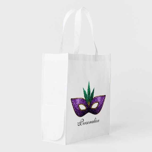 Mardi Gras Mask Purple Green Sparkles Personalize Reusable Grocery Bag (Front Side)