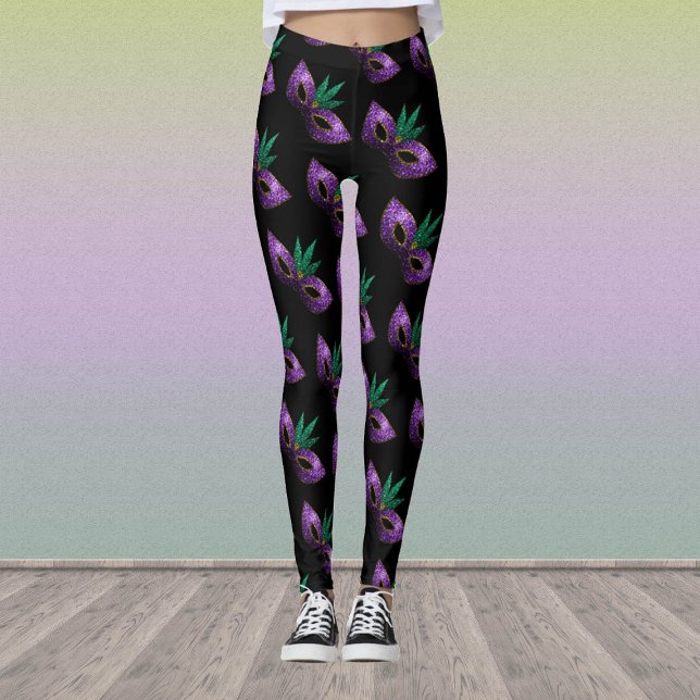 Mardi Gras Mask Purple Green Sparkly pattern black Leggings (Creator Uploaded)