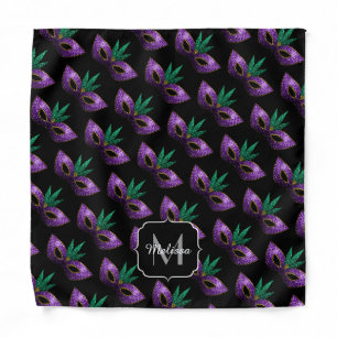 Mardi Gras Mask Purple Sparkles Black Monogram Bandana