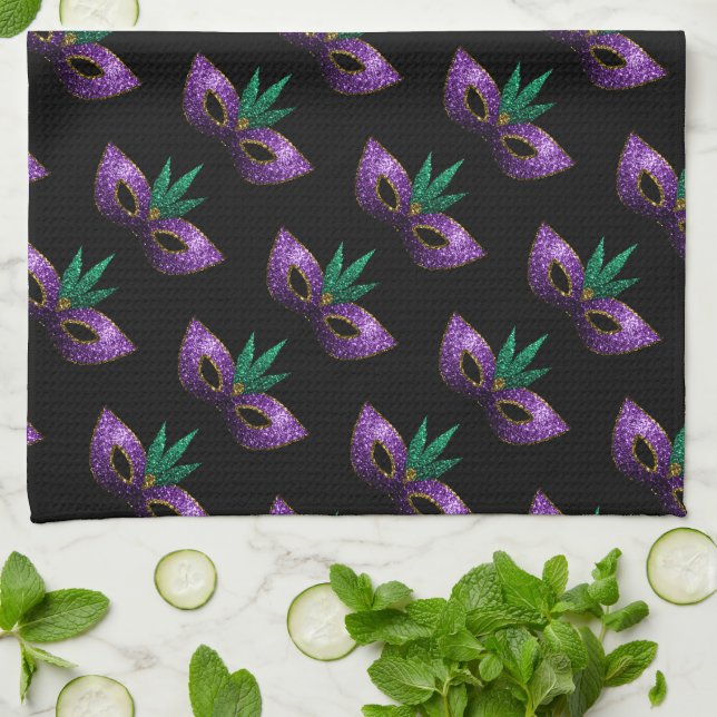 Mardi Gras Mask Purple Sparkles pattern black Kitchen Towel (Folded)