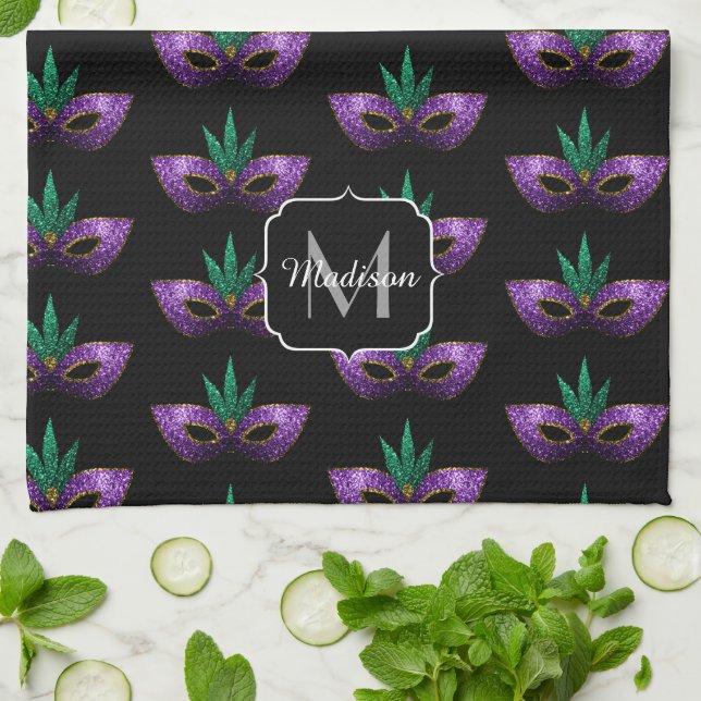 Mardi Gras Mask Purple Sparkles pattern Monogram Kitchen Towel (Folded)