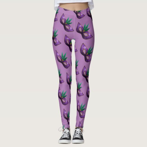 Mardi Gras Mask Purple Sparkly pattern lavender Leggings