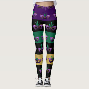 Mardi Gras Mask Sparkly Purple Green lines Leggings