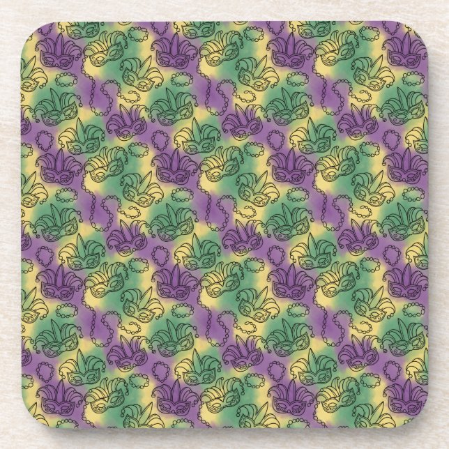 Mardi Gras Masks and Beads Doodle Art Style Beverage Coaster (Front)