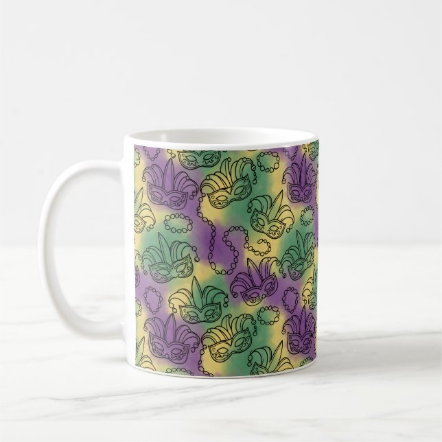 Mardi Gras Masks and Beads Doodle Art Style Coffee Mug (Left)