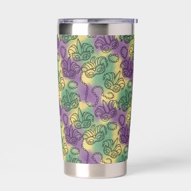 Mardi Gras Masks and Beads Doodle Art Style Insulated Tumbler (Left)