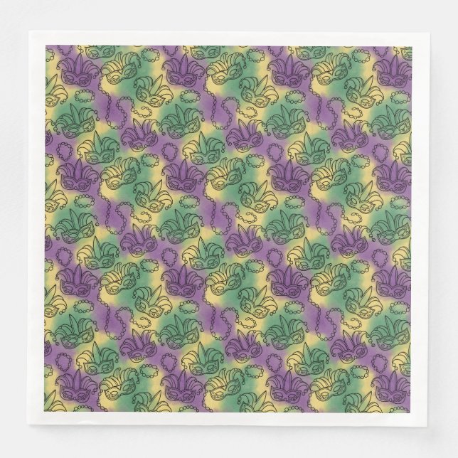 Mardi Gras Masks and Beads Doodle Art Style Paper Dinner Napkins (Front)