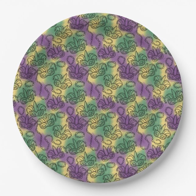Mardi Gras Masks and Beads Doodle Art Style Paper Plates (Front)