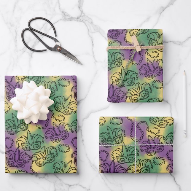 Mardi Gras Masks and Beads Doodle Art Style Wrapping Paper Sheets (Front)
