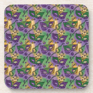 Mardi Gras Masks and Beads Purple Green Yellow Beverage Coaster