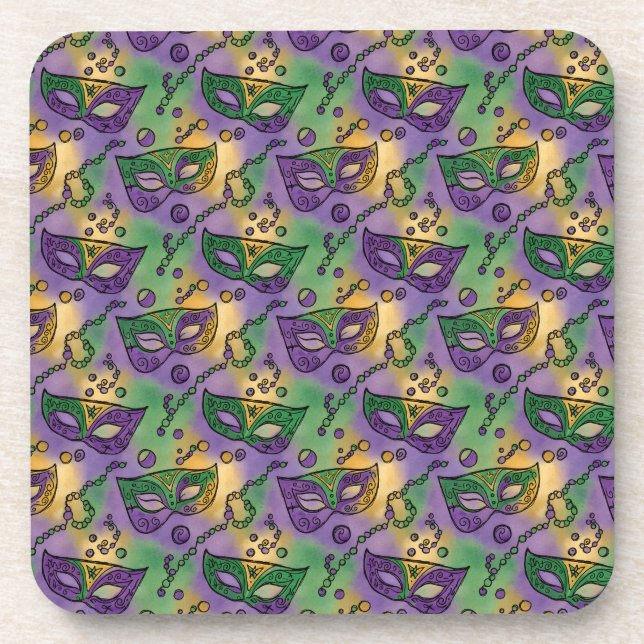 Mardi Gras Masks and Beads Purple Green Yellow Beverage Coaster (Front)
