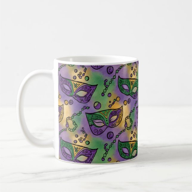 Mardi Gras Masks and Beads Purple Green Yellow Coffee Mug (Left)