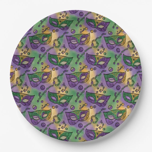 Mardi Gras Masks and Beads Purple Green Yellow Paper Plates (Front)