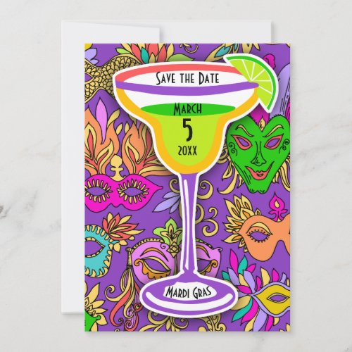 Mardi Gras Masks Colorful Martini Save the Date Invitation