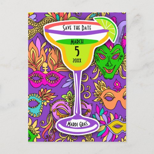 Mardi Gras Masks Colorful Martini Save the Date Invitation Postcard